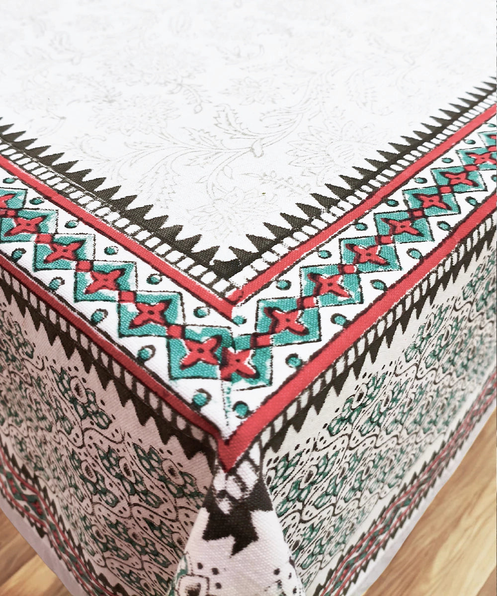 6 Seater Hand Block Printed Off white, Grey & Pink Cotton Table Cloth