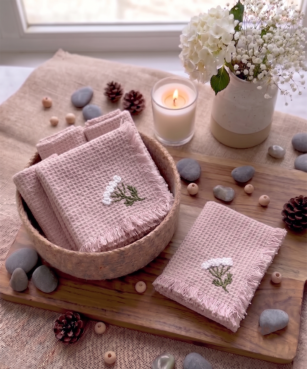 Embroidered Face Towel | Set of 4 pcs | Boho Bloom Dusty Pink