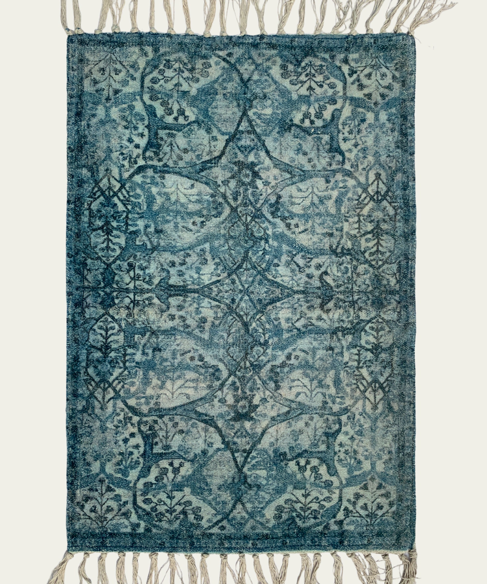 Printed Rug Textile Wall Art – Blue & Silver (Unframed)