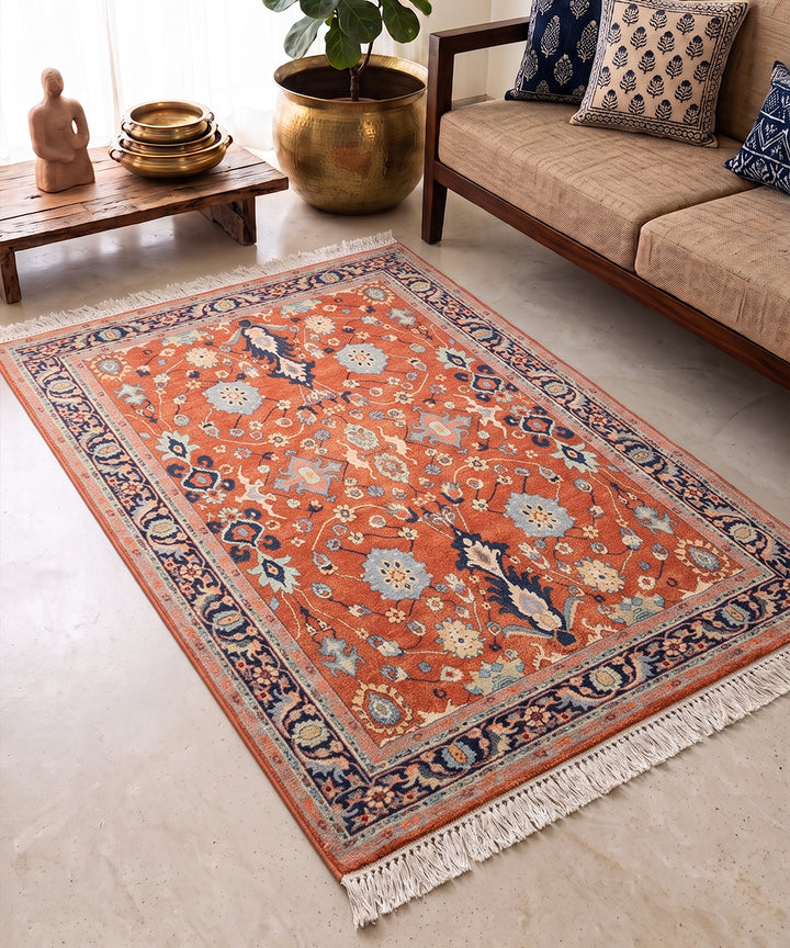 4x6 Feet Vintage Rust Floral Printed Cotton Rug
