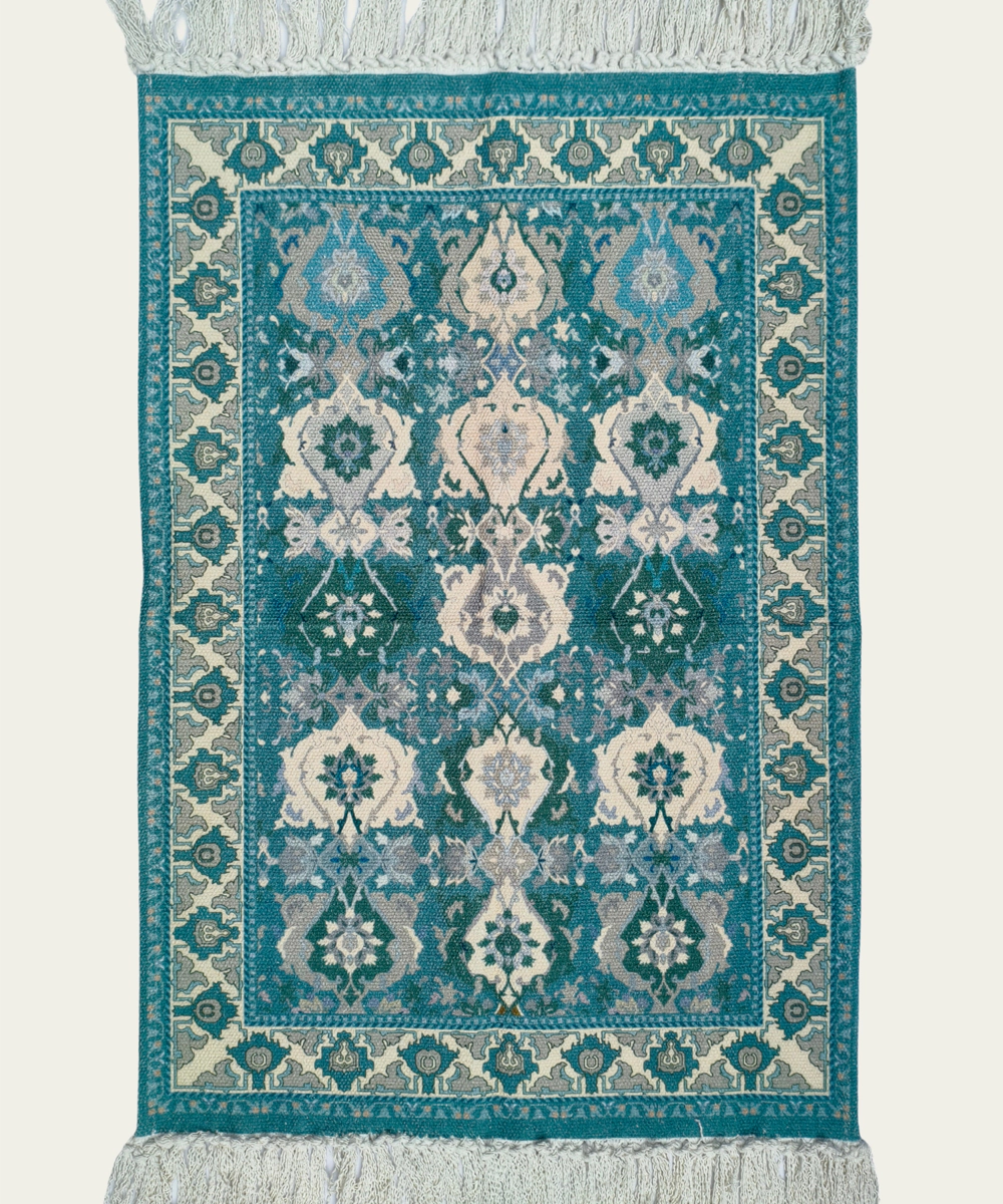 Printed Rug Textile Wall Art – Teal & Cream (Unframed)
