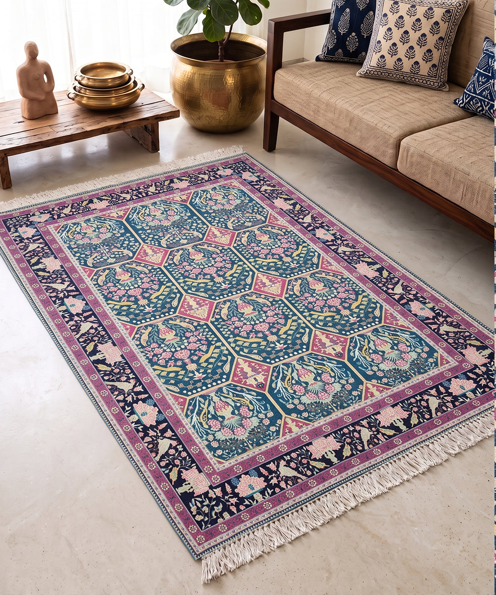 5X7 Feet Majestic Blue Botanical Printed Cotton Rug