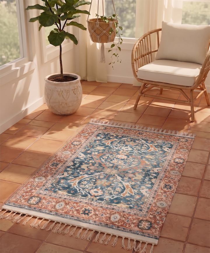 3x4 Feet Vintage Floral Navy Printed Chenille Rug
