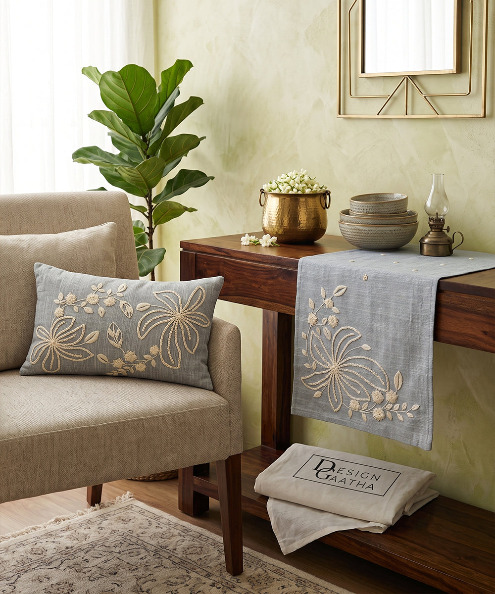 2 pcs Cushion Cover + 1 pc Table Runner Gift Set | Hand Embroidered Slate Blue