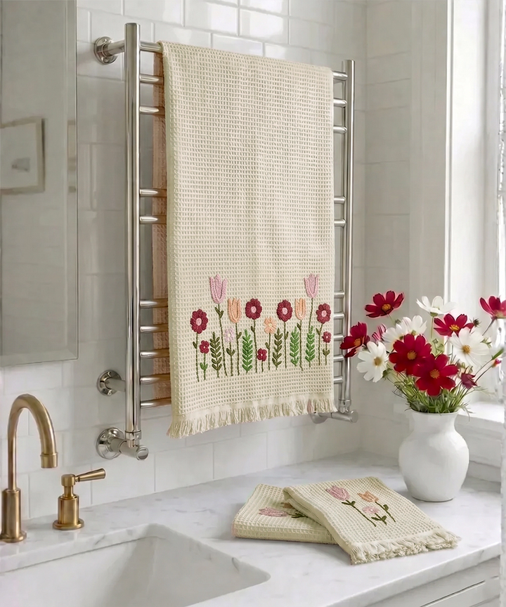Embroidered 1 Pc Bath and 2 Pcs Hand Towel Set | Cotton Waffle Fabric | Beige