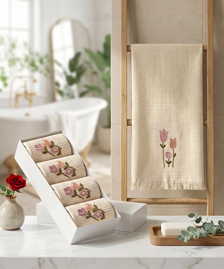 Embroidered 4 pcs Face and 2 pcs Hand Towel Set | Cotton Waffle | Beige