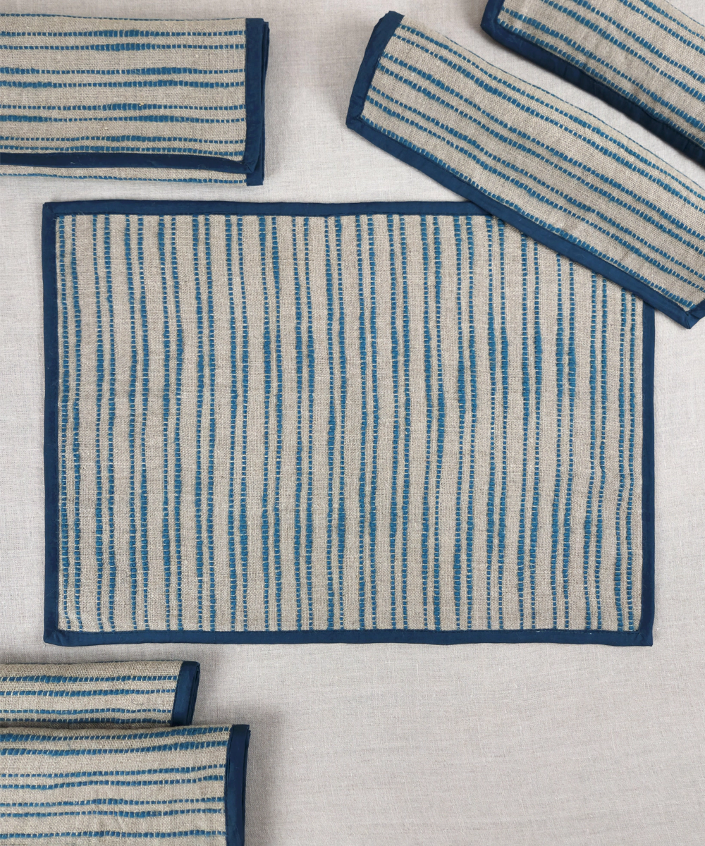 Set of 6 pcs Linen Natural & Teal Yarn Dye Table Mats