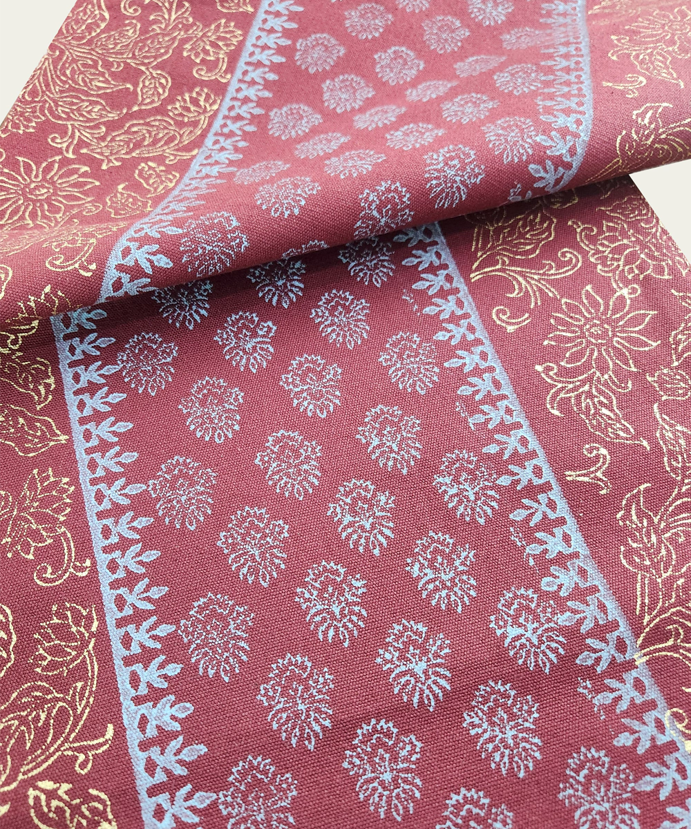 6 Seater Maroon Block Printed Cotton Canvas Table Runner (13 x 84 Inches)