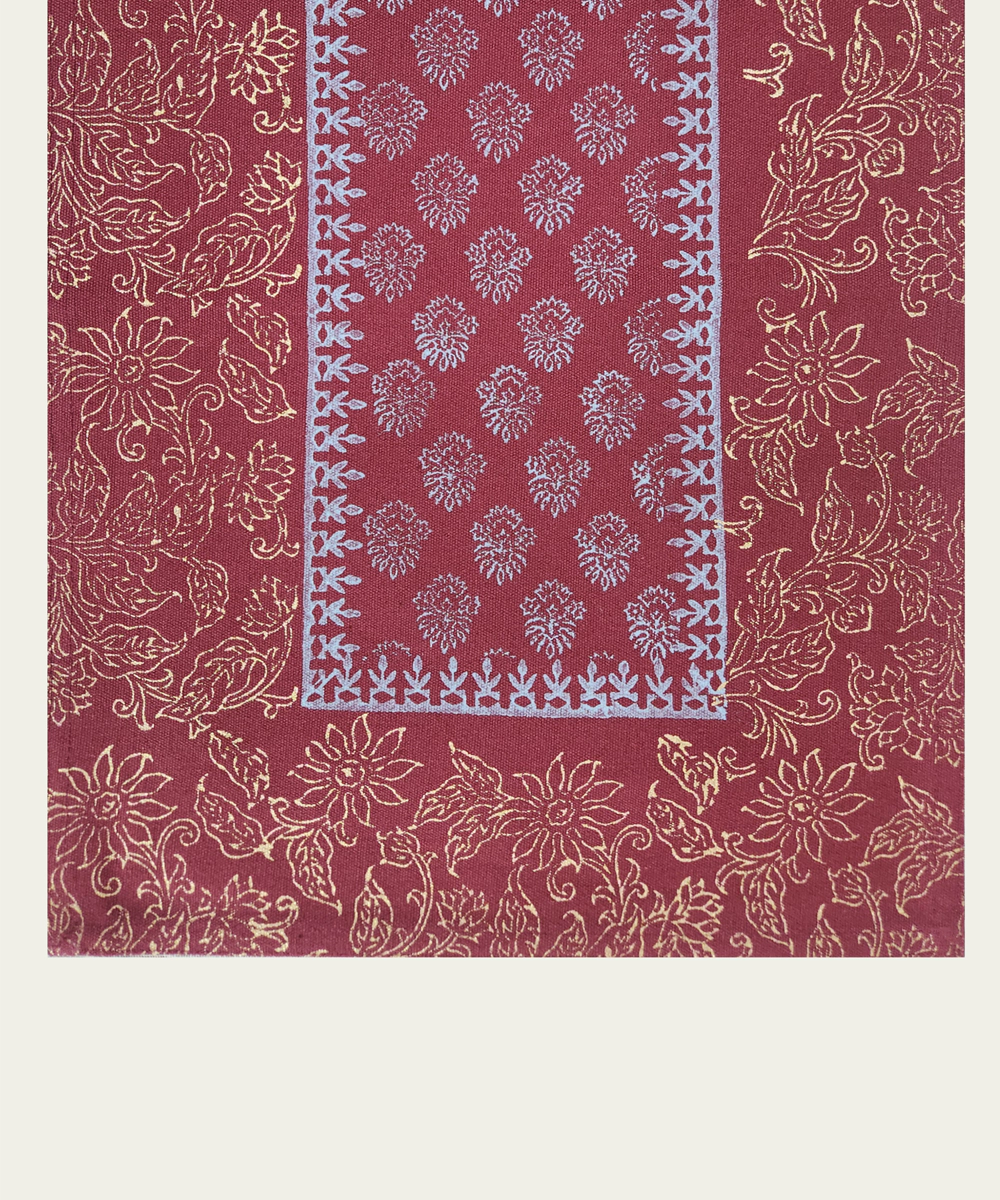 6 Seater Maroon Block Printed Cotton Canvas Table Runner (13 x 84 Inches)