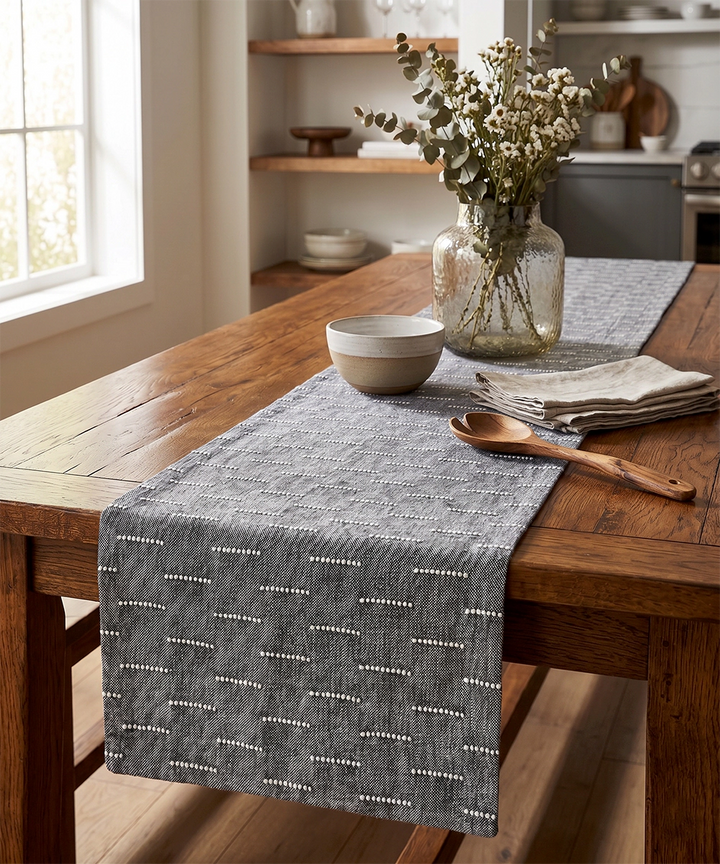 6 seater Navy & Ecru Thick Cotton Handloom Table Runner