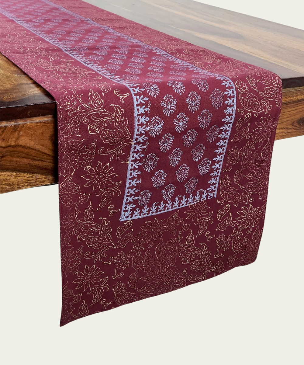 6 Seater Maroon Block Printed Cotton Canvas Table Runner (13 x 84 Inches)