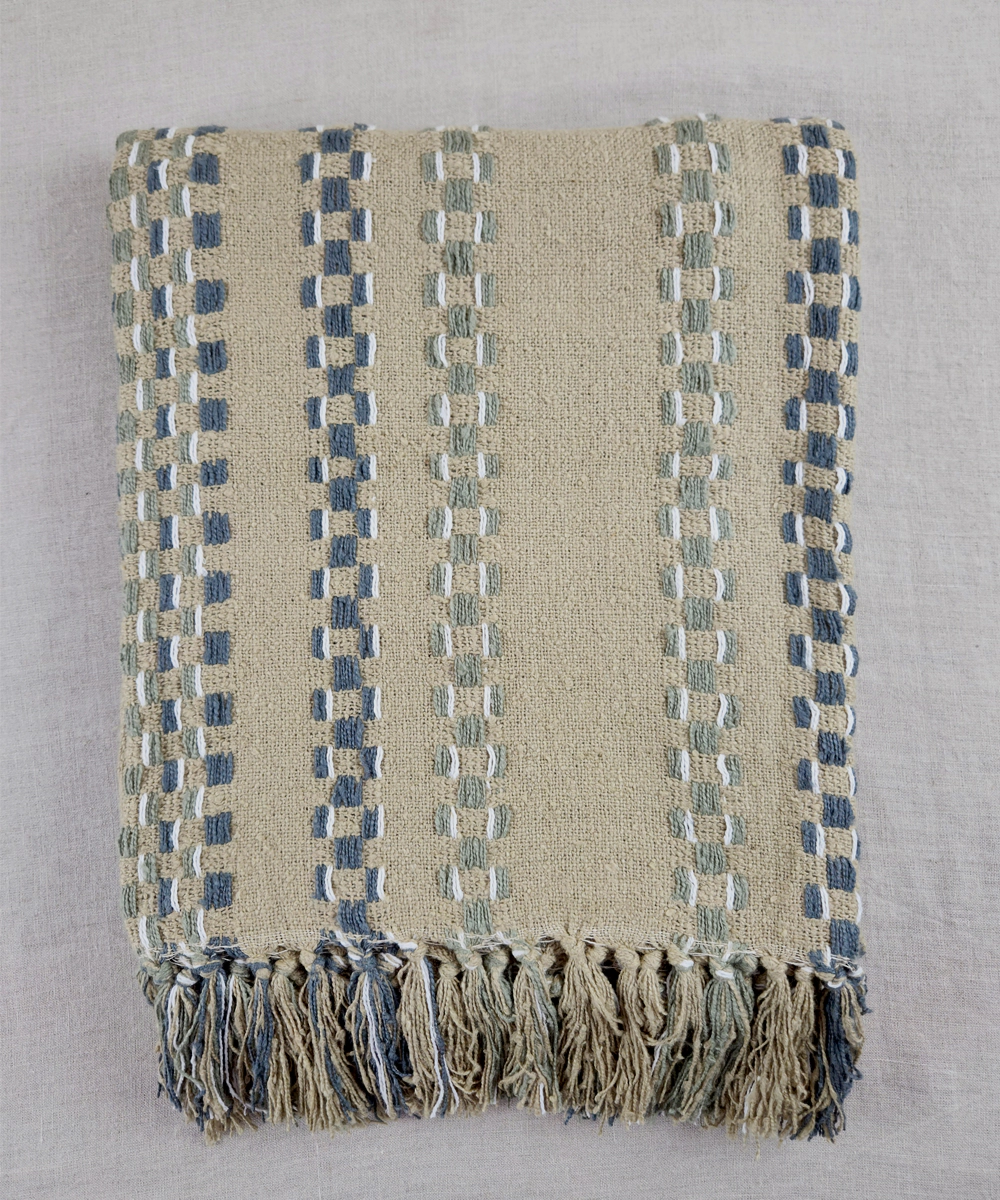 Beige with dull green & charcoal Hand Woven Cotton Sofa Throw