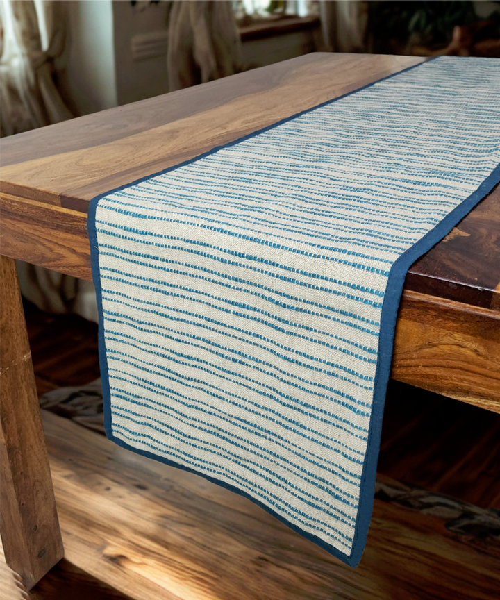 6 seater Linen Natural & Teal Yarn Dye Table Runner