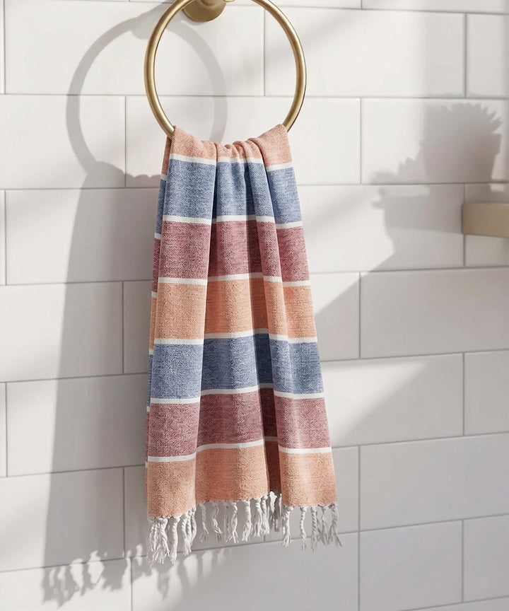 Multi Stripe Yarn-Dyed Bath Towel with Tassels | Lightweight Terry