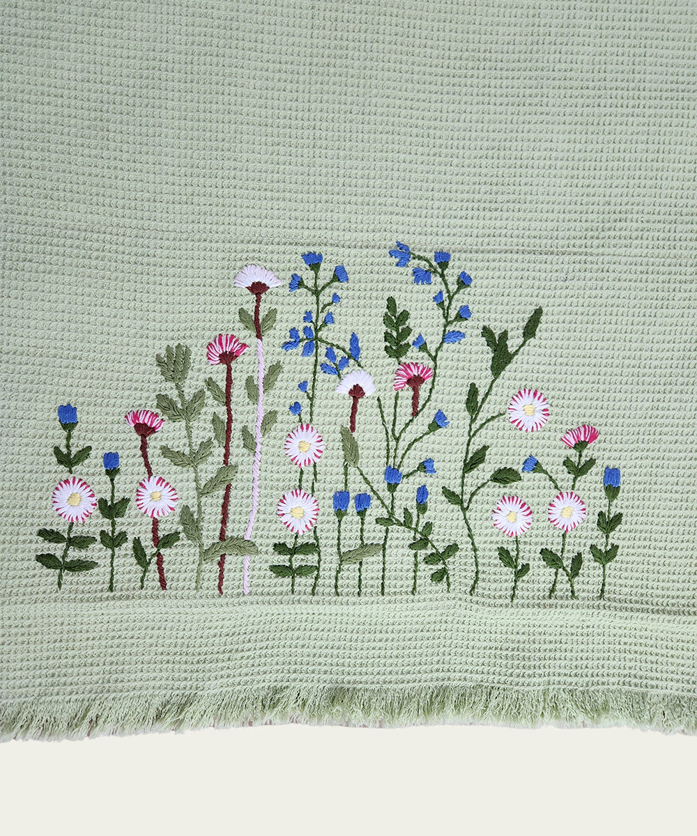 Embroidered Bath Towel | Soft Cotton Waffle | Light Green