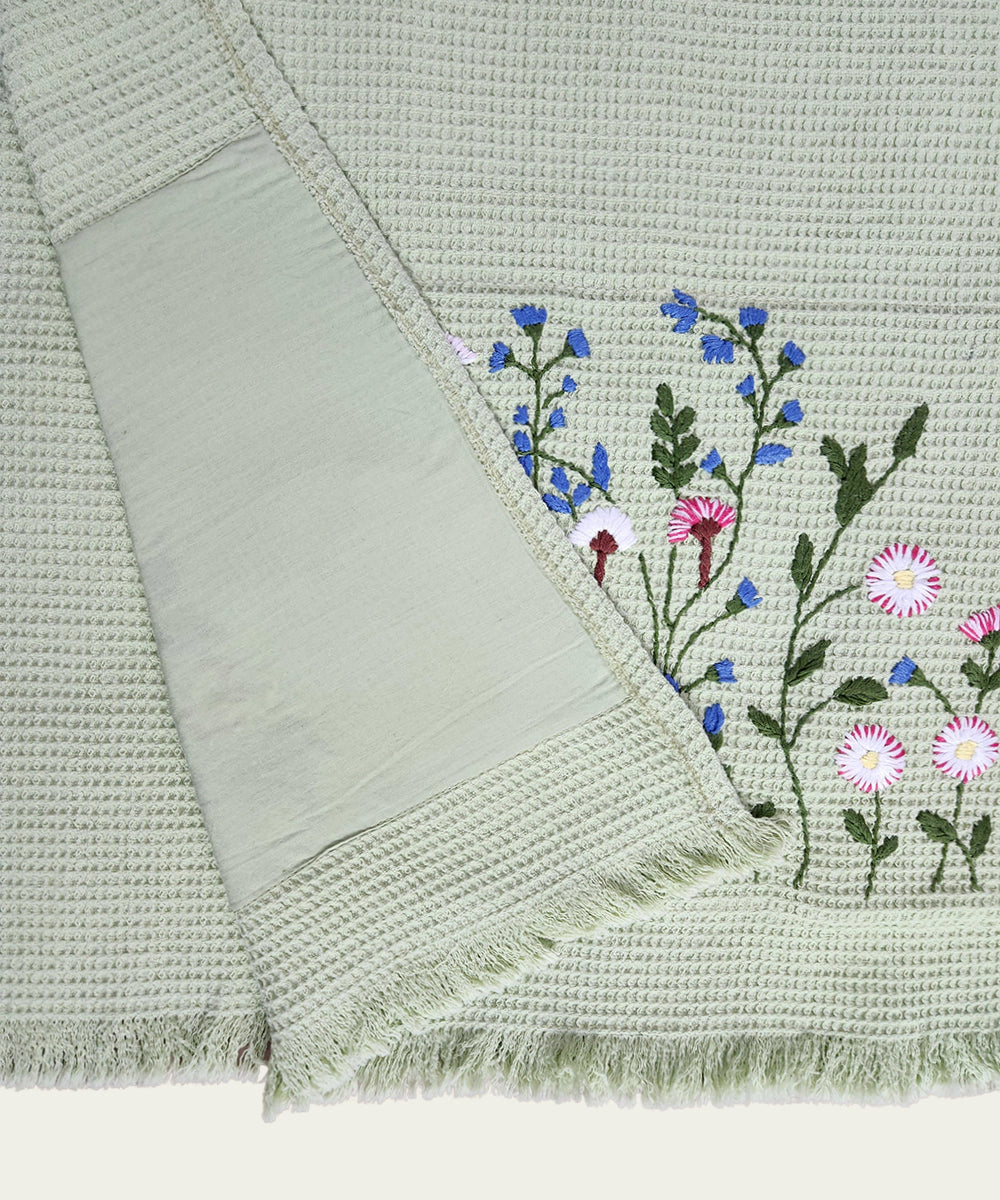 Embroidered Bath Towel | Soft Cotton Waffle | Light Green