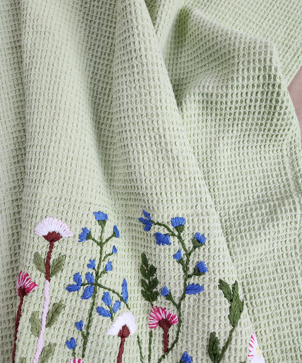 Embroidered Bath Towel | Soft Cotton Waffle | Light Green