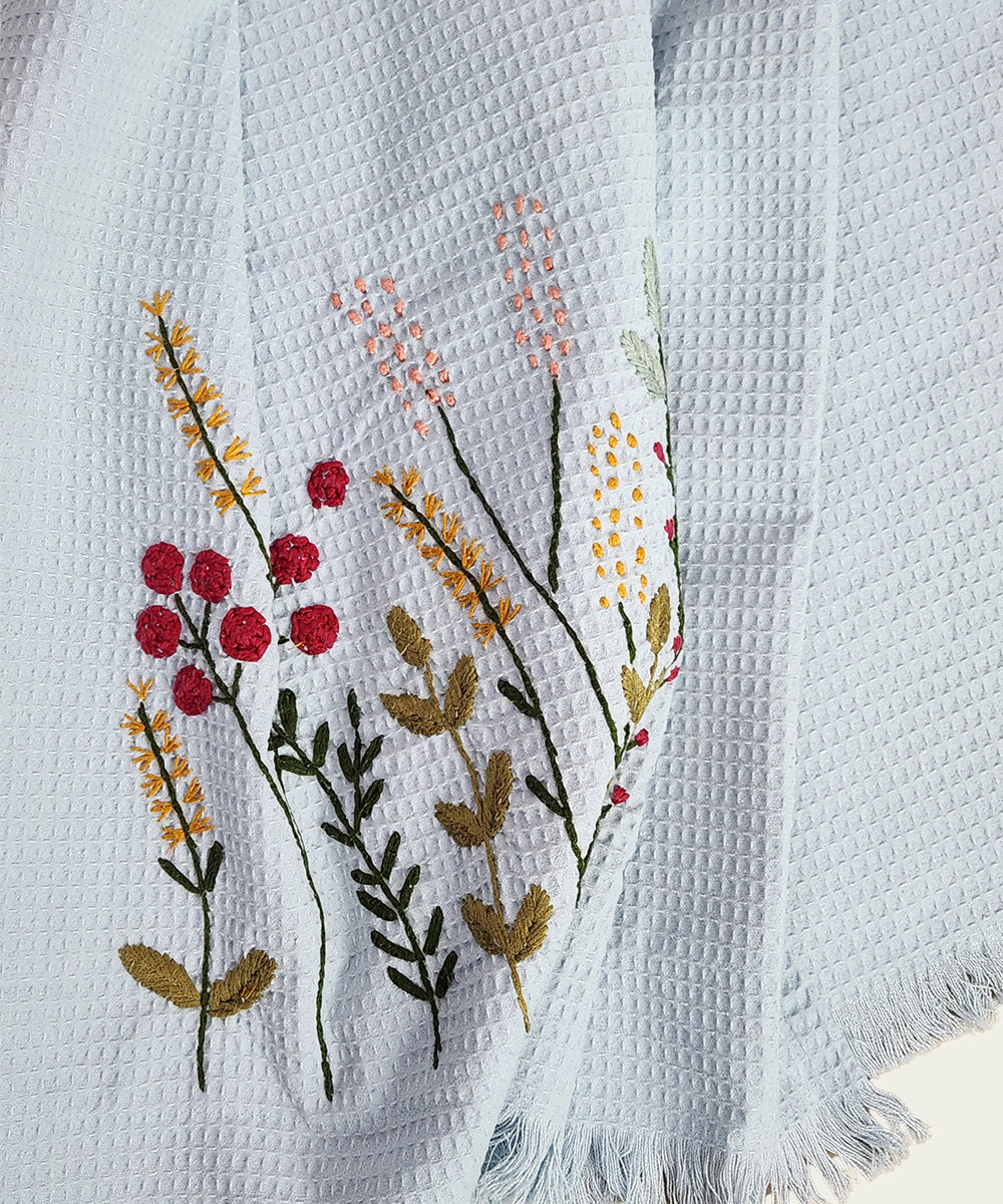 Embroidered Bath Towel | Soft Cotton Waffle | Light Blue