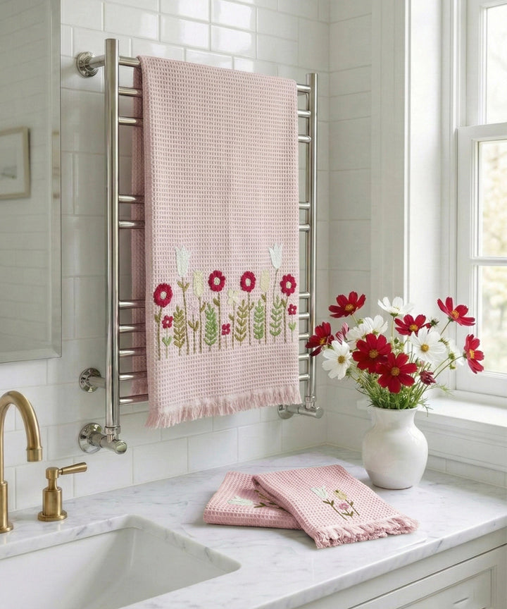 Embroidered 1 Pc Bath and 2 Pcs Hand Towel Set | Cotton Waffle Fabric | Dusty Pink