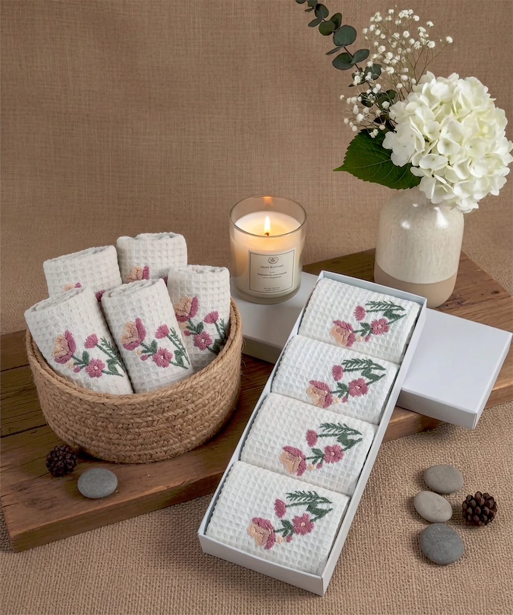 Embroidered Face Towel - Set of 4 pcs in Soft Cotton Waffle | White