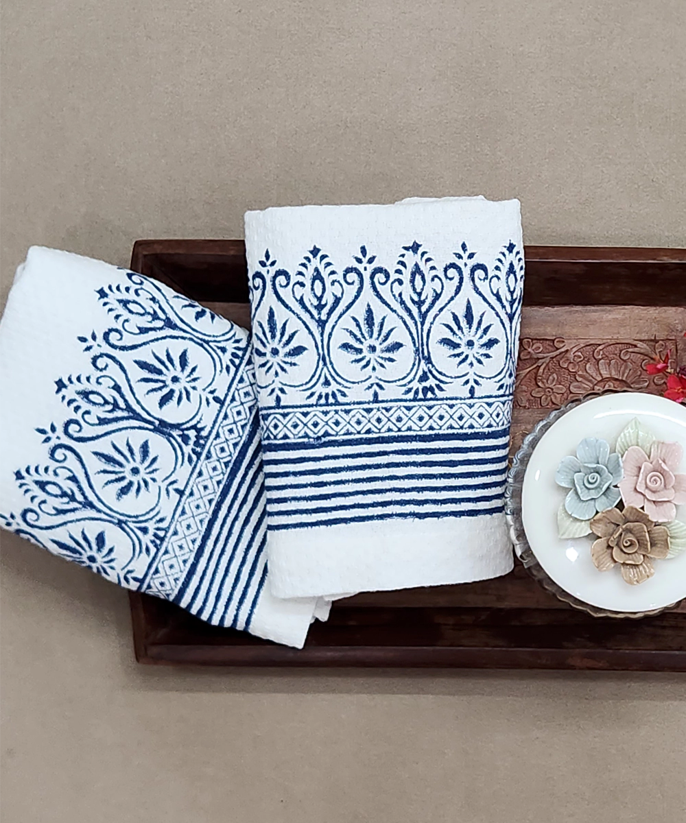 Set of 2 pcs of White & Navy Cotton Dobby Hand Block Printed Hand Towels