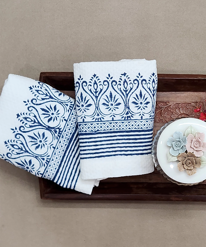 Set of 2 pcs of White & Navy Cotton Dobby Hand Block Printed Hand Towels