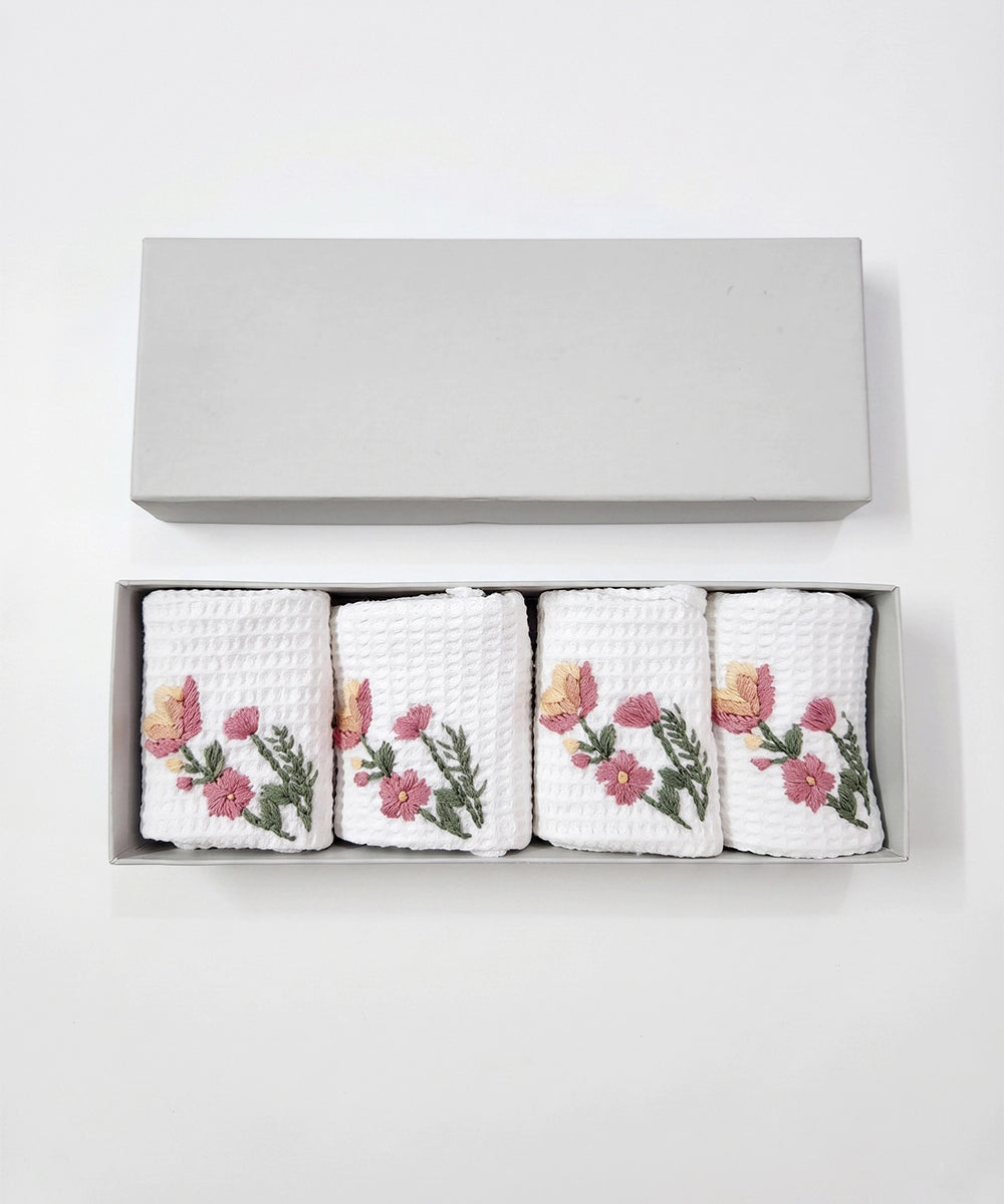 Embroidered Face Towel - Set of 4 pcs in Soft Cotton Waffle | White