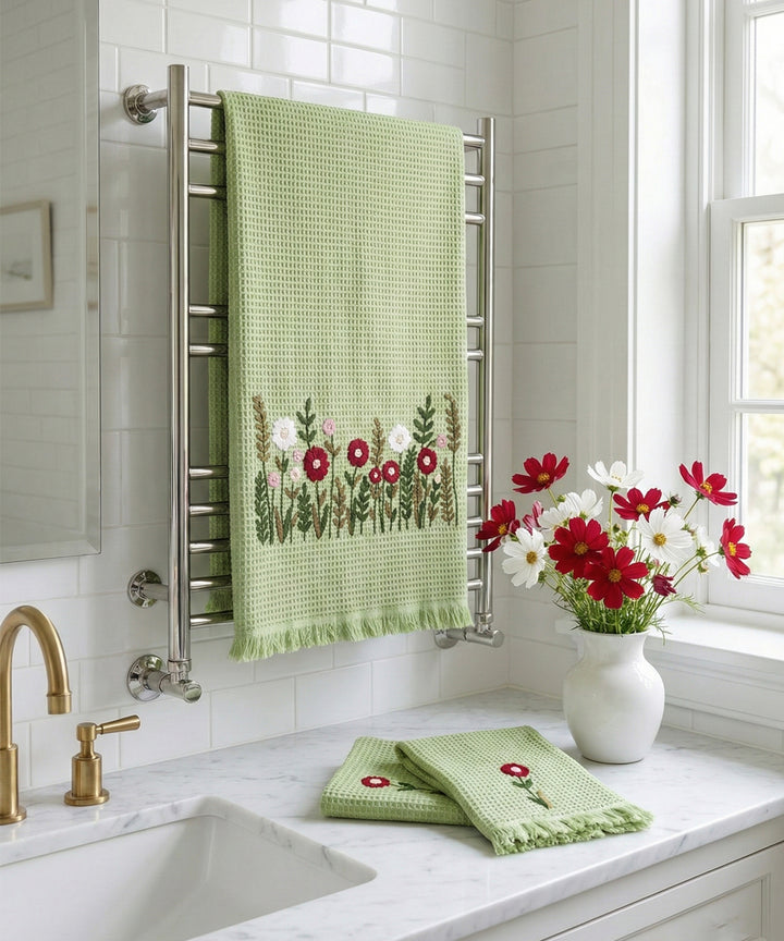 Embroidered 1 Pc Bath and 2 Pcs Hand Towel Set | Cotton Waffle Fabric | Sage Green