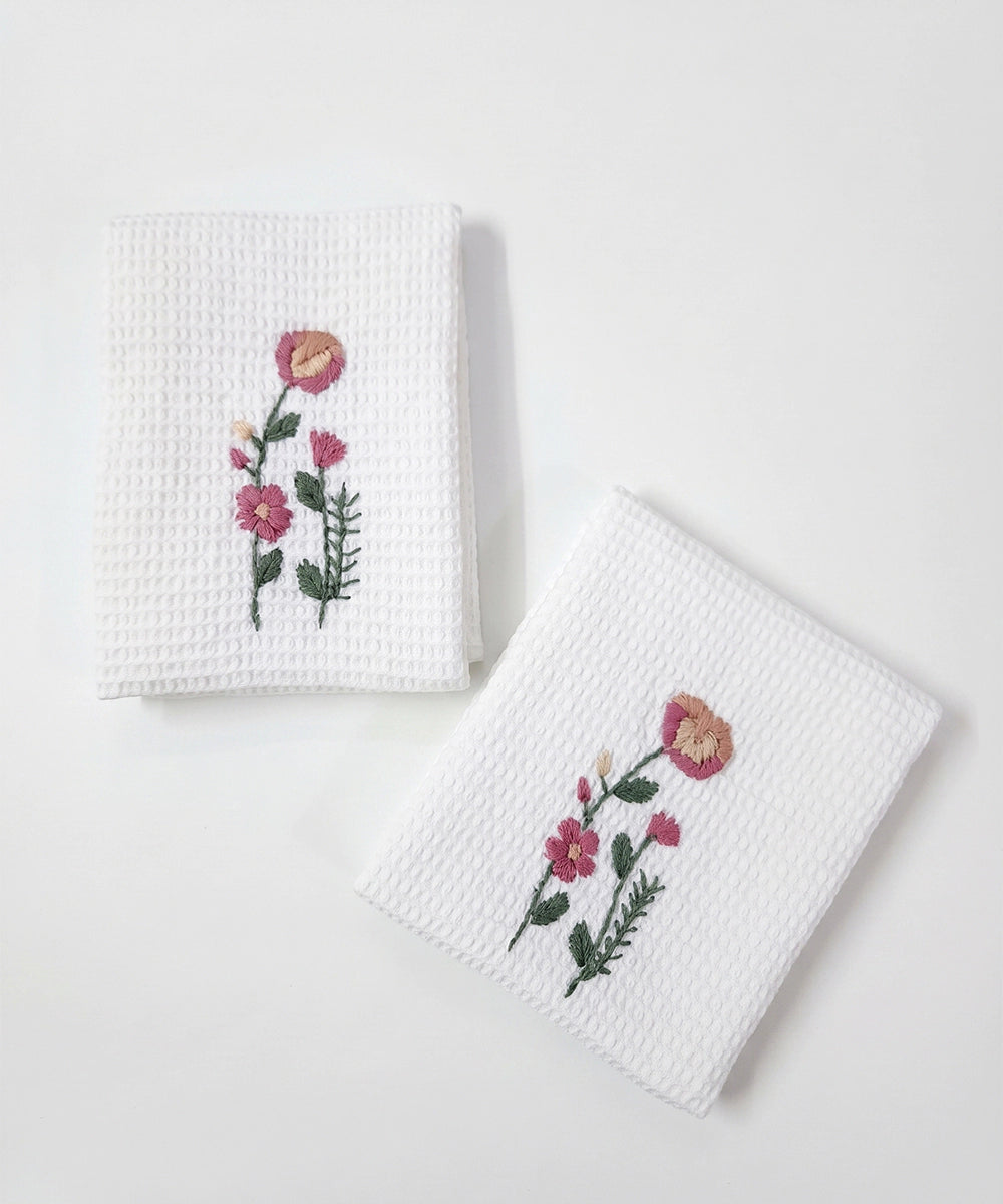 Embroidered Hand Towel - Set of 2 pcs in Soft Cotton Waffle | White