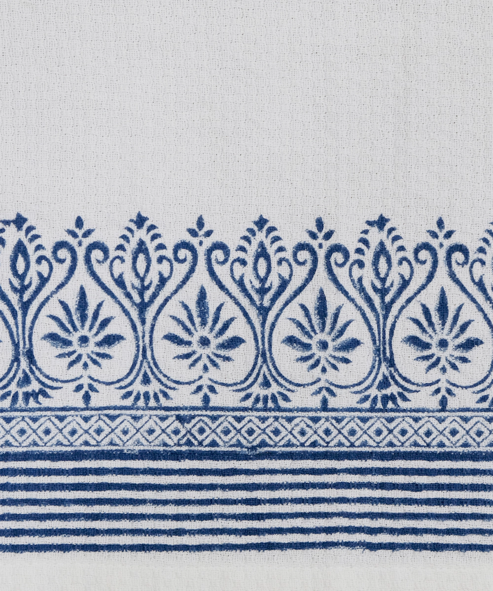 Block Printed Hand Towel | Set of 2 pcs | White & Navy Cotton Dobby