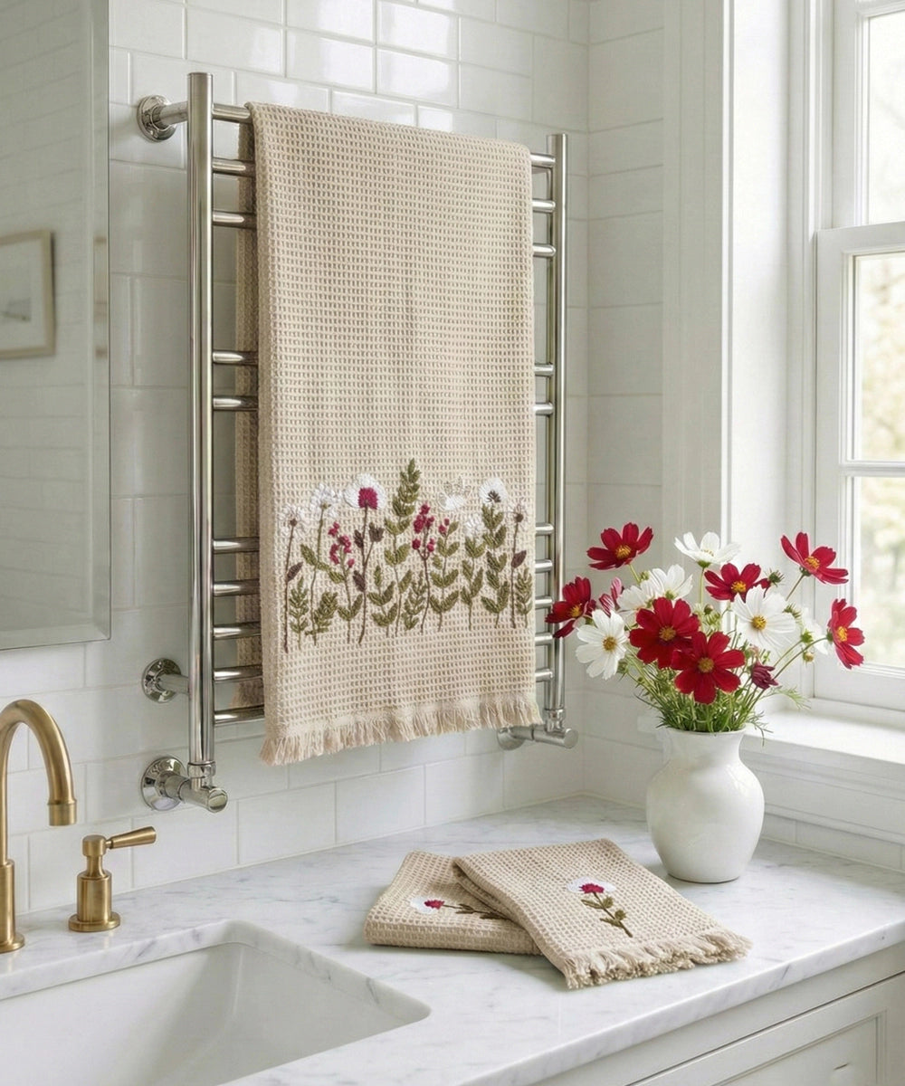 Embroidered 1 Pc Bath and 2 Pcs Hand Towel Set | Cotton Waffle Fabric | Beige