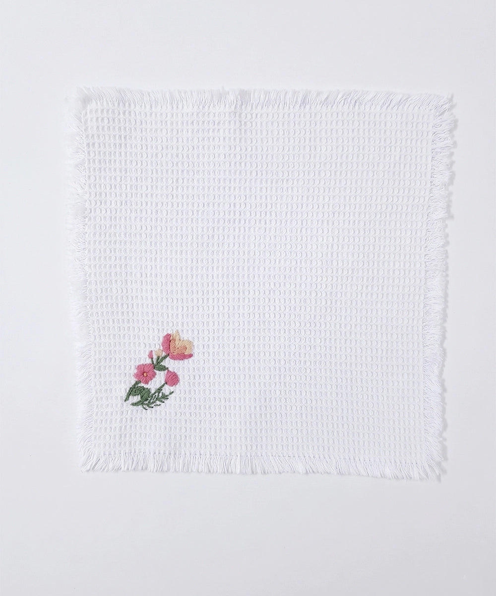 Embroidered Face Towel - Set of 4 pcs in Soft Cotton Waffle | White