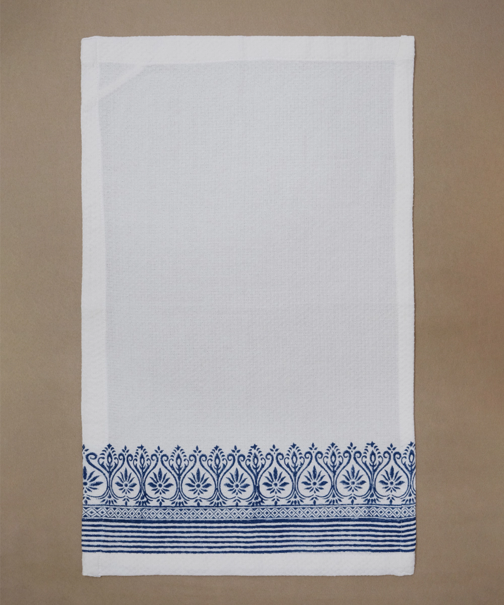 Set of 2 pcs of White & Navy Cotton Dobby Hand Block Printed Hand Towels