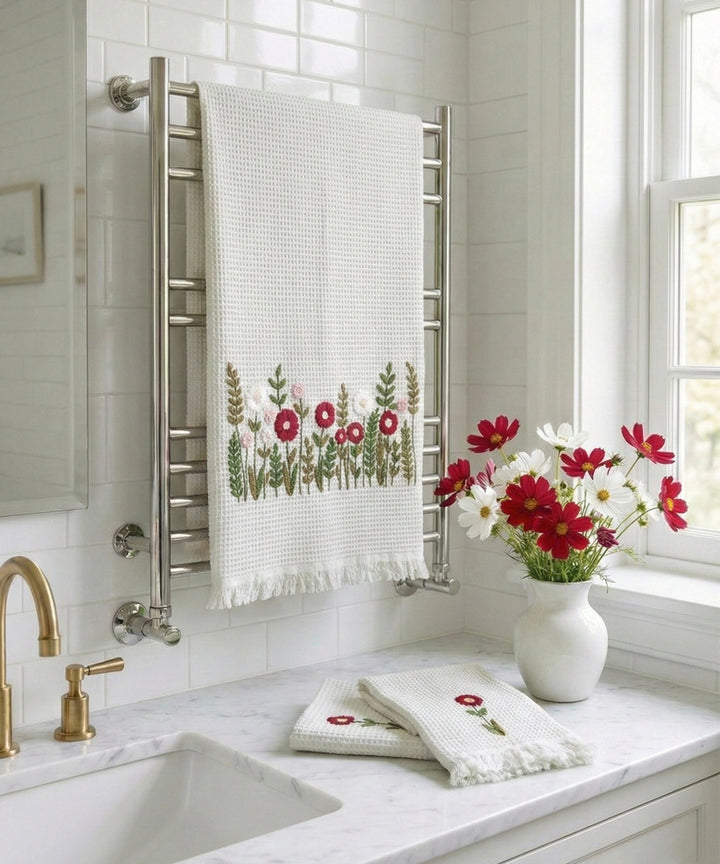 Embroidered 1 Pc Bath and 2 Pcs Hand Towel Set | Cotton Waffle Fabric | White