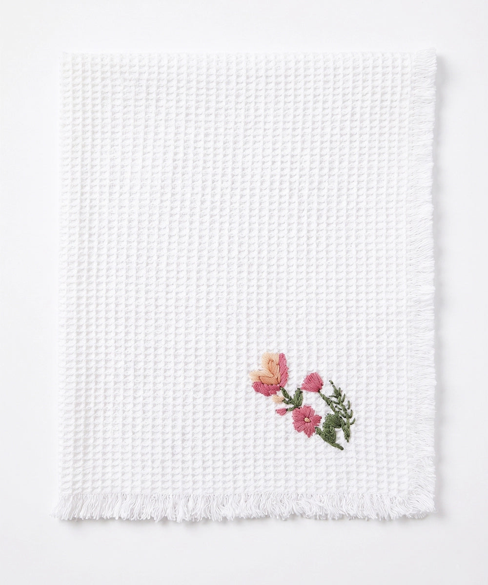 Embroidered Face Towel - Set of 4 pcs in Soft Cotton Waffle | White