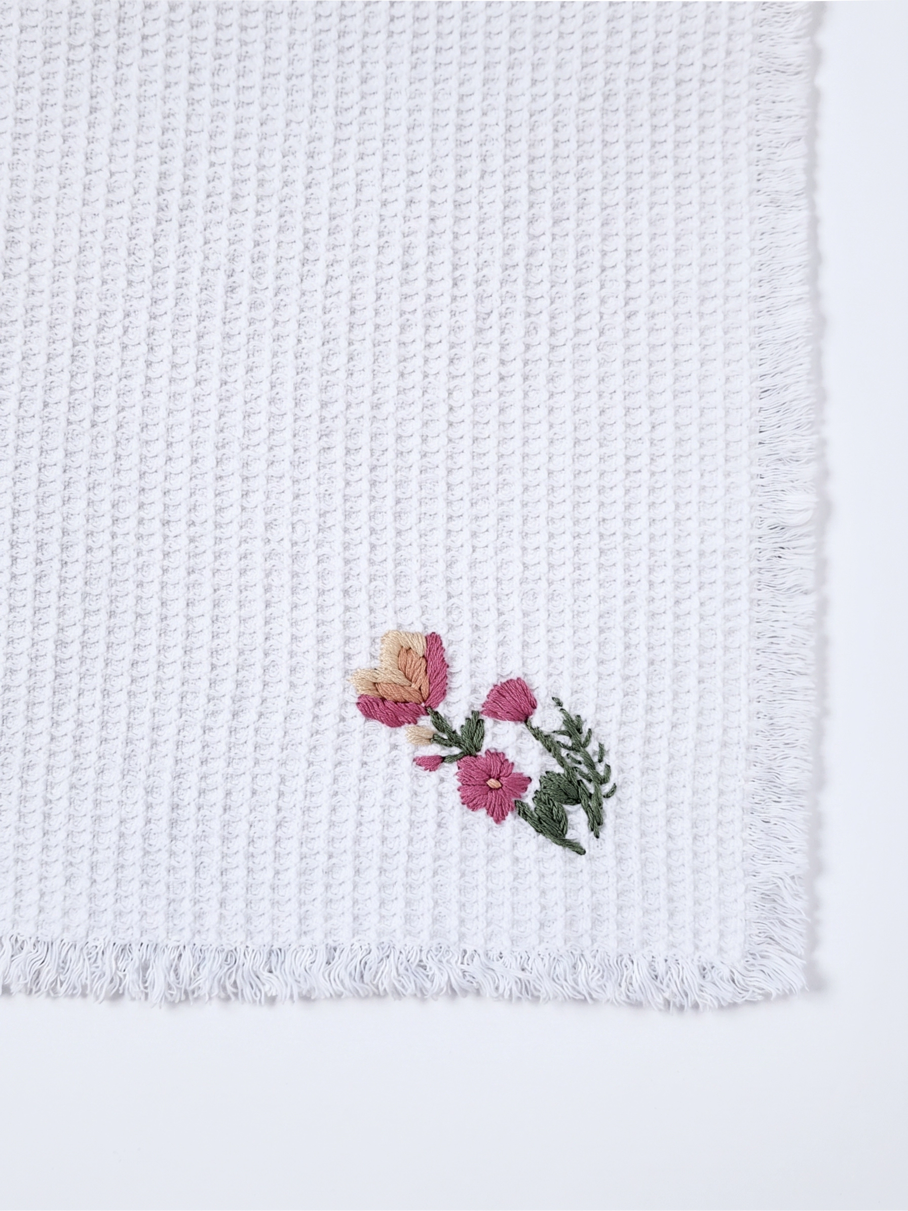 Embroidered Face Towel - Set of 4 pcs in Soft Cotton Waffle | White