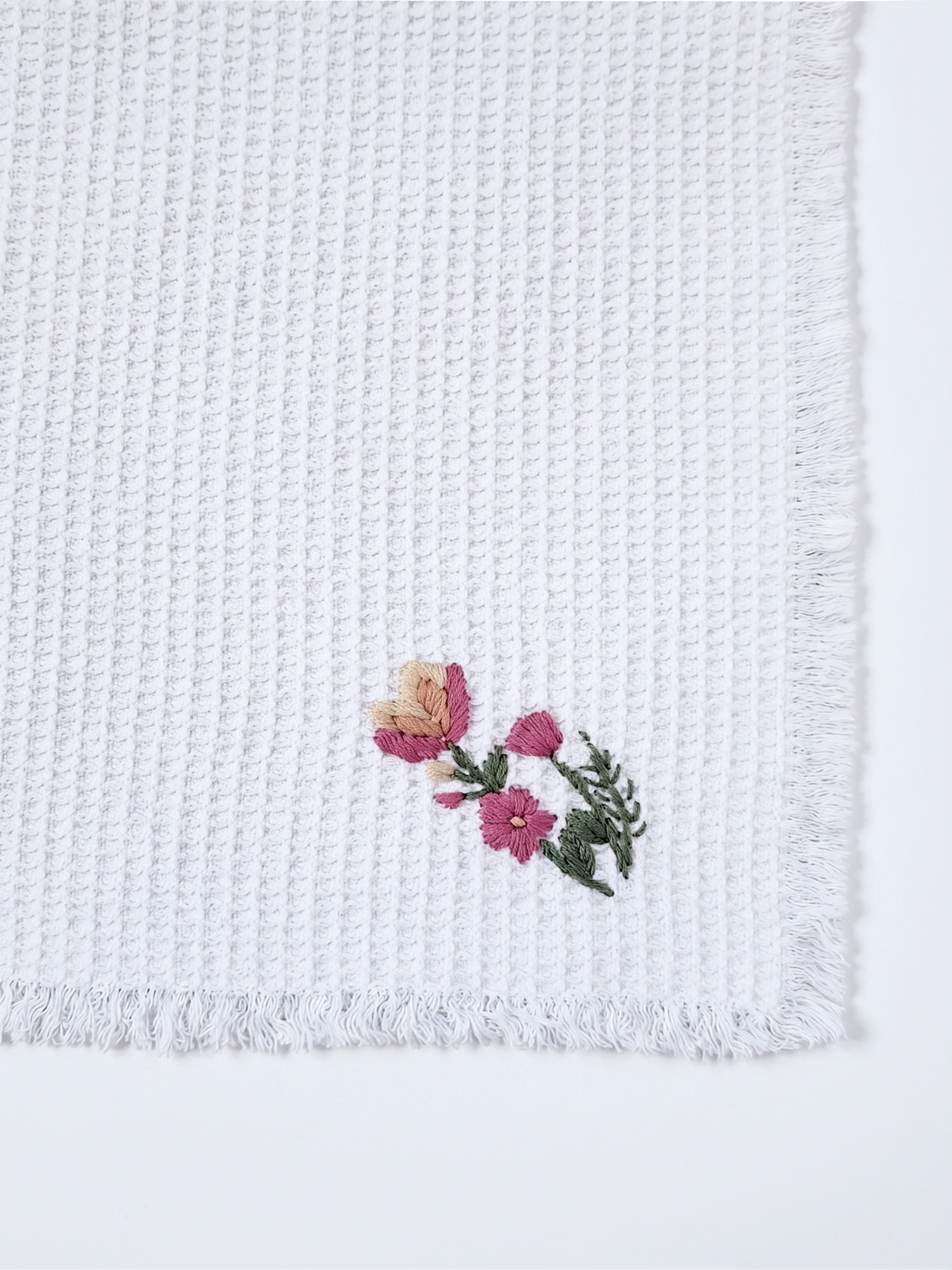 Embroidered Face Towel - Set of 4 pcs in Soft Cotton Waffle | White