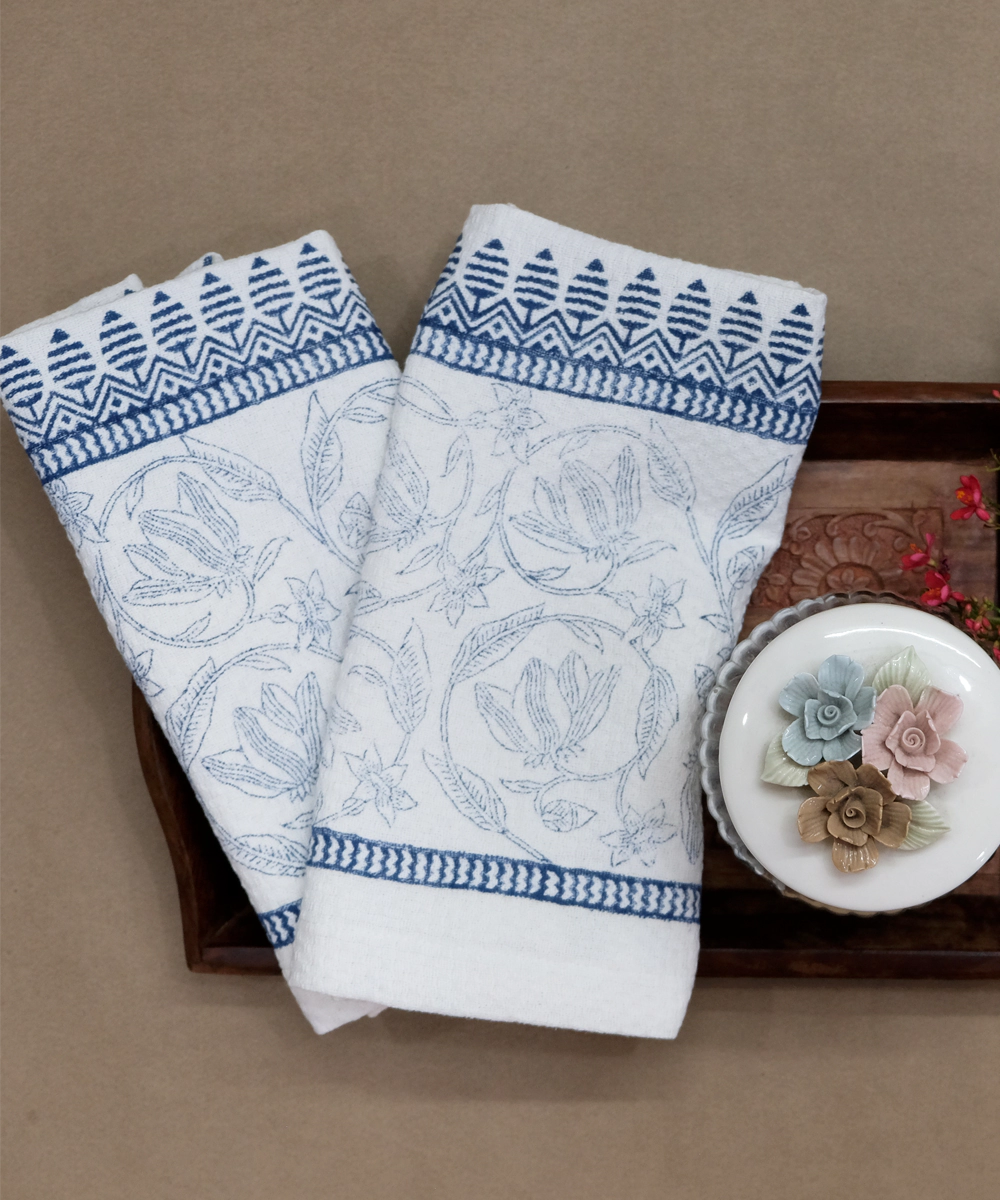 Block Printed Hand Towel | Set of 2 pcs | White & Navy | Cotton Dobby