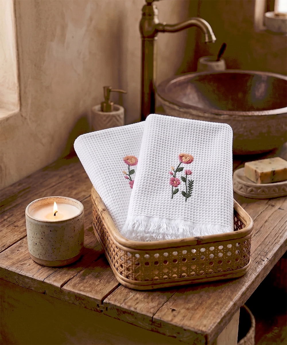 Embroidered Hand Towel - Set of 2 pcs in Soft Cotton Waffle | White