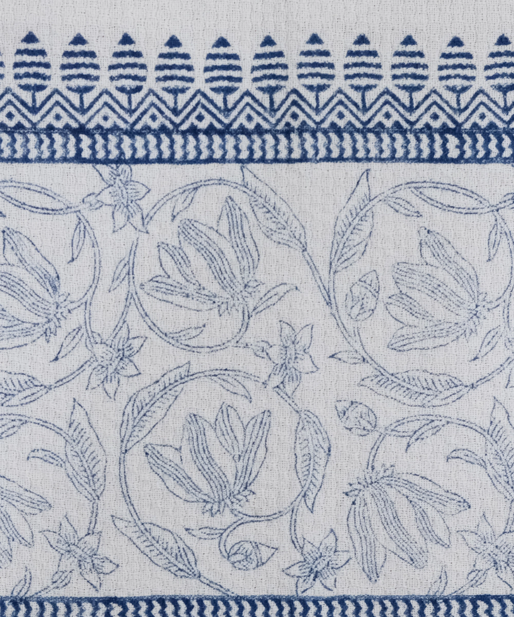 Set of 2 pcs of White & Navy Cotton Dobby Hand Block Printed Hand Towels