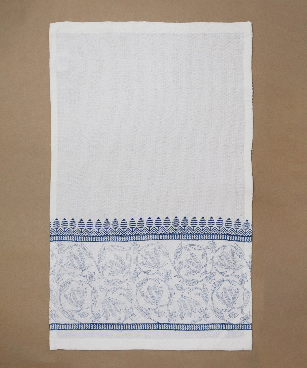 Block Printed Hand Towel | Set of 2 pcs | White & Navy | Cotton Dobby