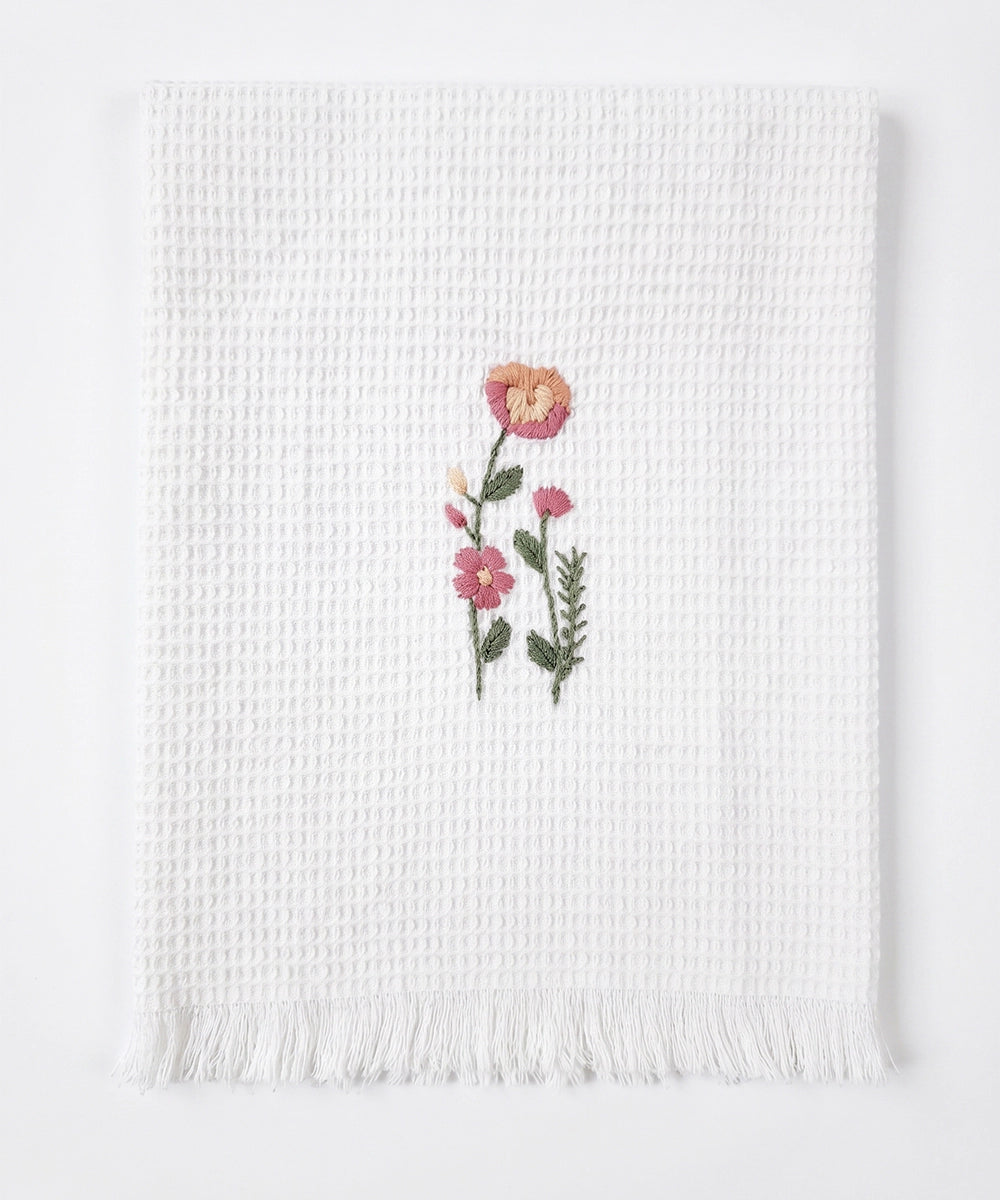 Embroidered Hand Towel - Set of 2 pcs in Soft Cotton Waffle | White