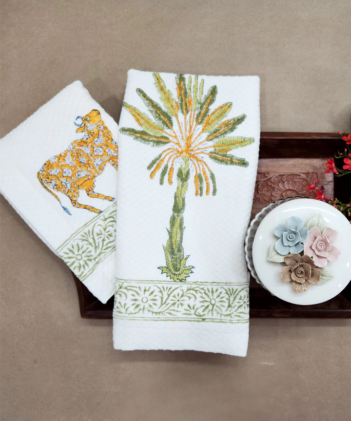 Set of 2 pcs White & Green Palm & Cow Hand Block Printed Cotton Dobby Hand Towel