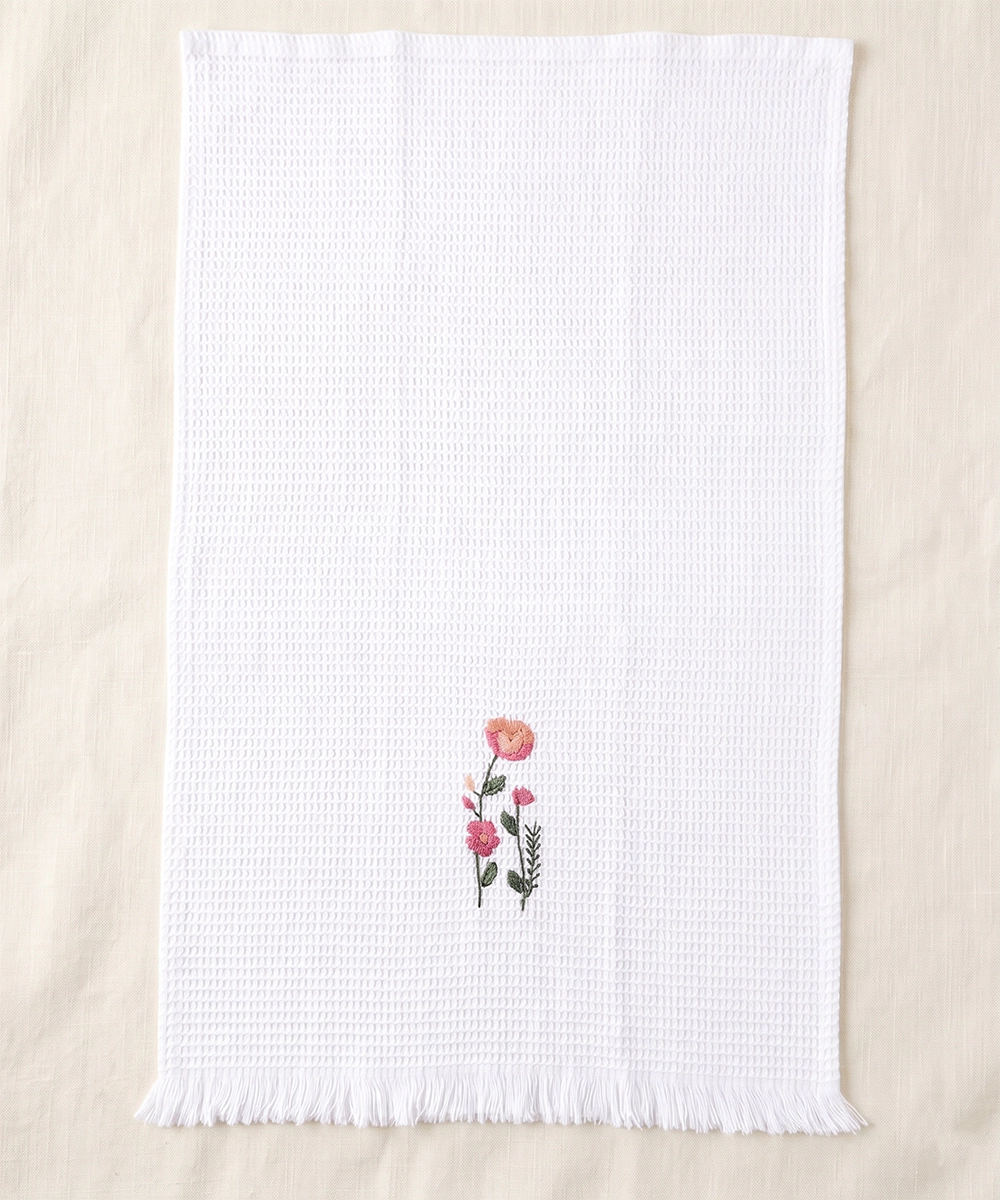 Embroidered Hand Towel - Set of 2 pcs in Soft Cotton Waffle | White