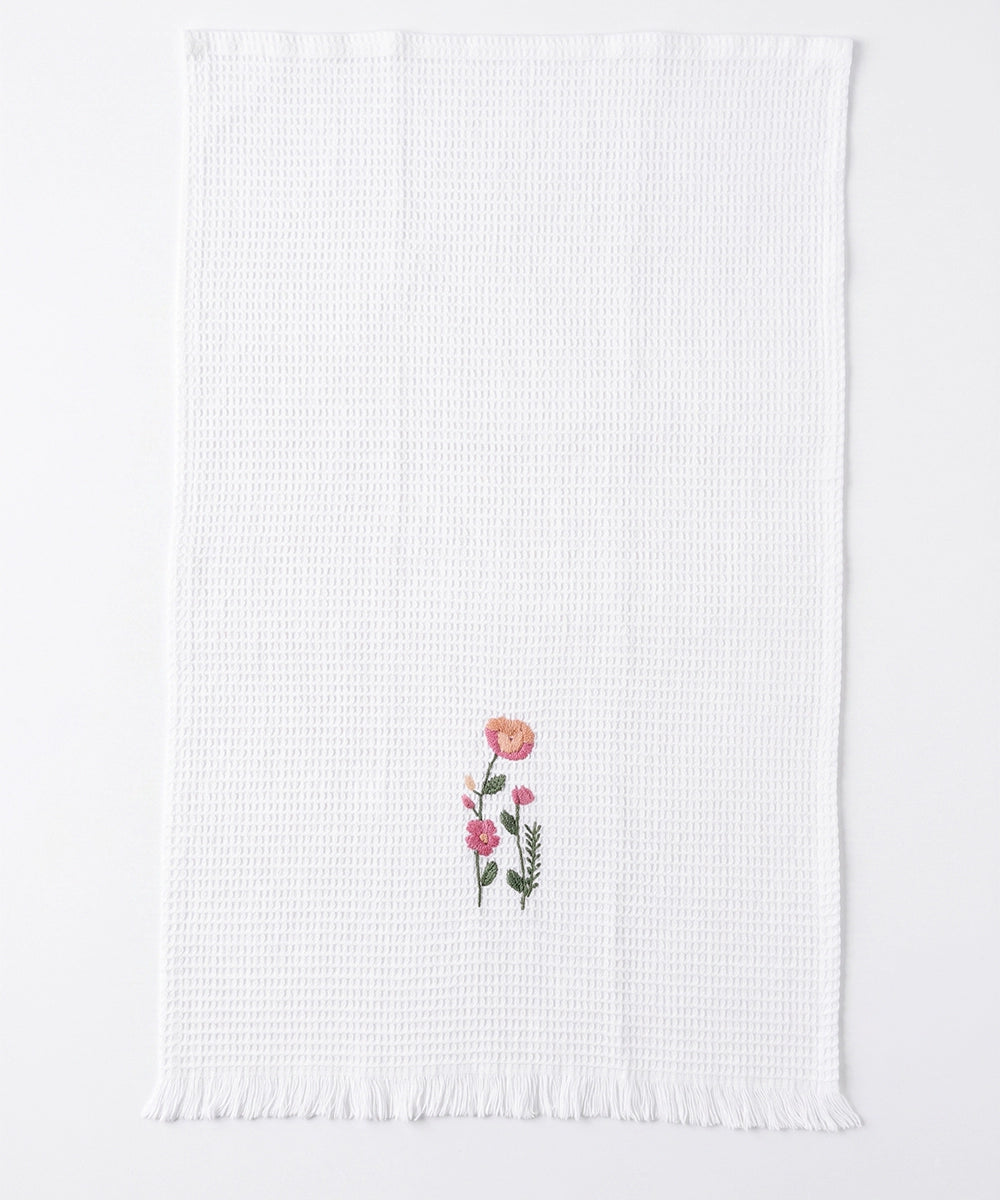Embroidered Hand Towel - Set of 2 pcs in Soft Cotton Waffle | White