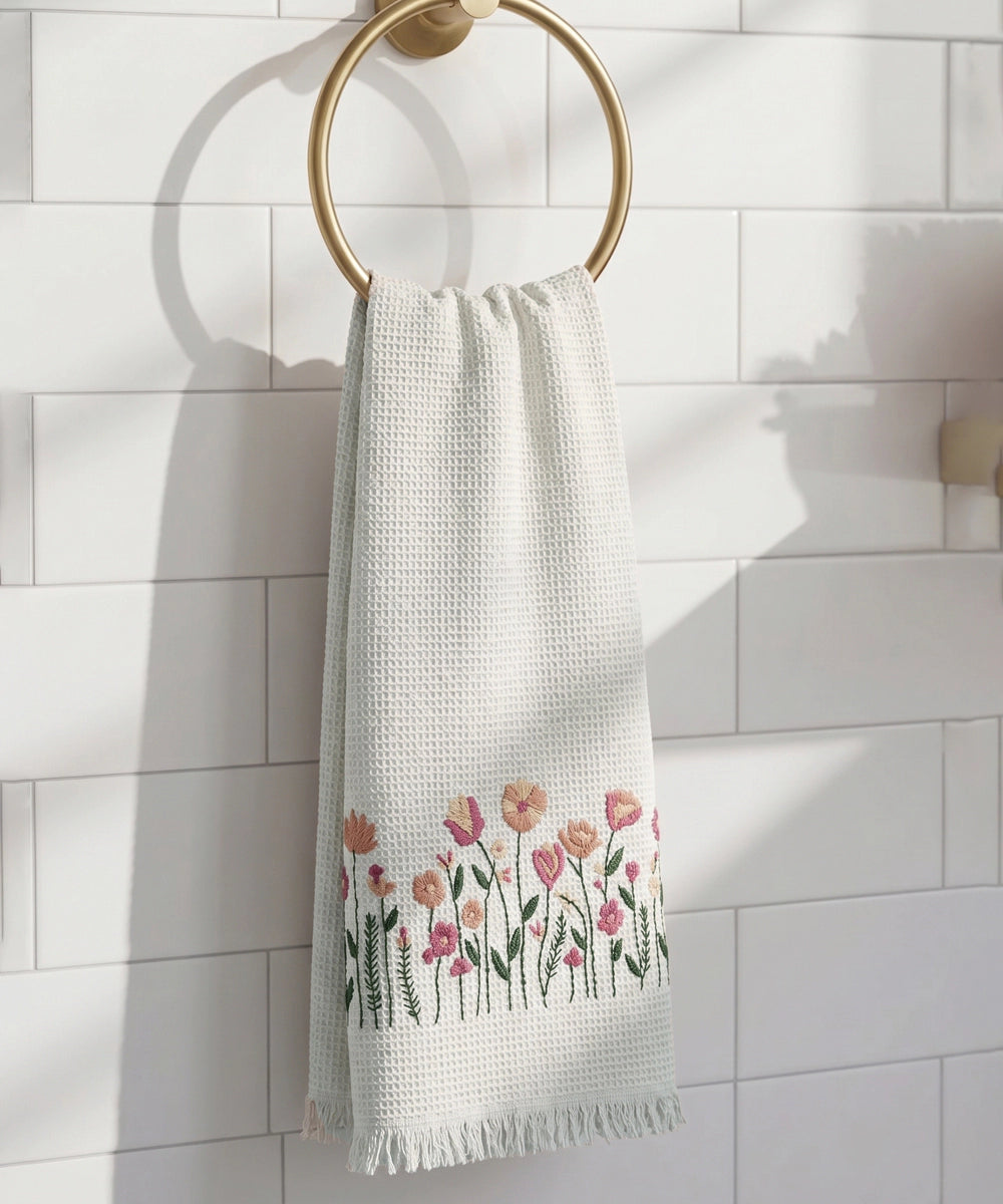 Embroidered Bath Towel | Soft Cotton Waffle | White