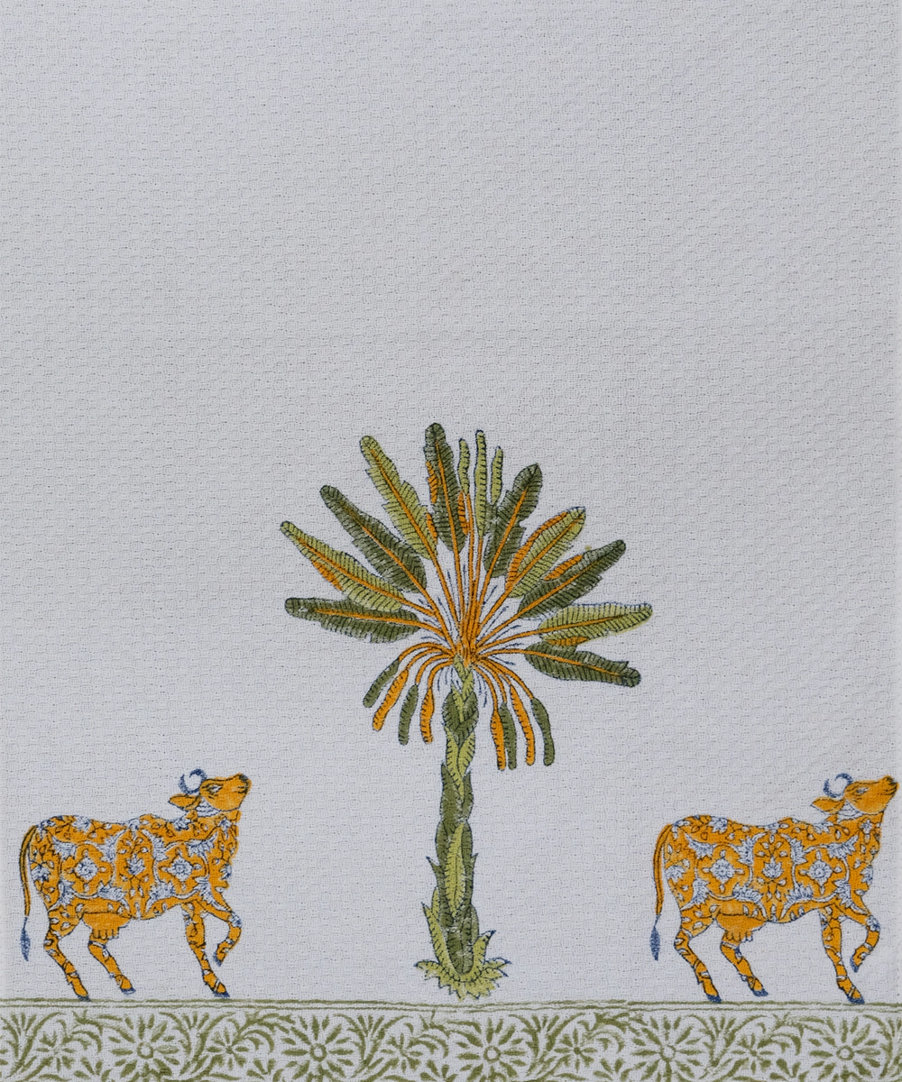 Set of 2 pcs White & Green Palm & Cow Hand Block Printed Cotton Dobby Hand Towel