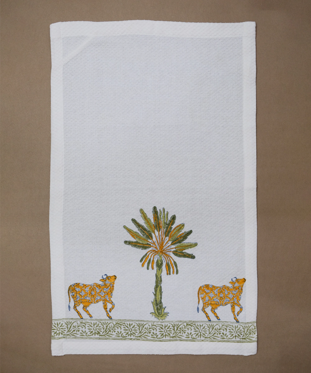 Set of 2 pcs White & Green Palm & Cow Hand Block Printed Cotton Dobby Hand Towel