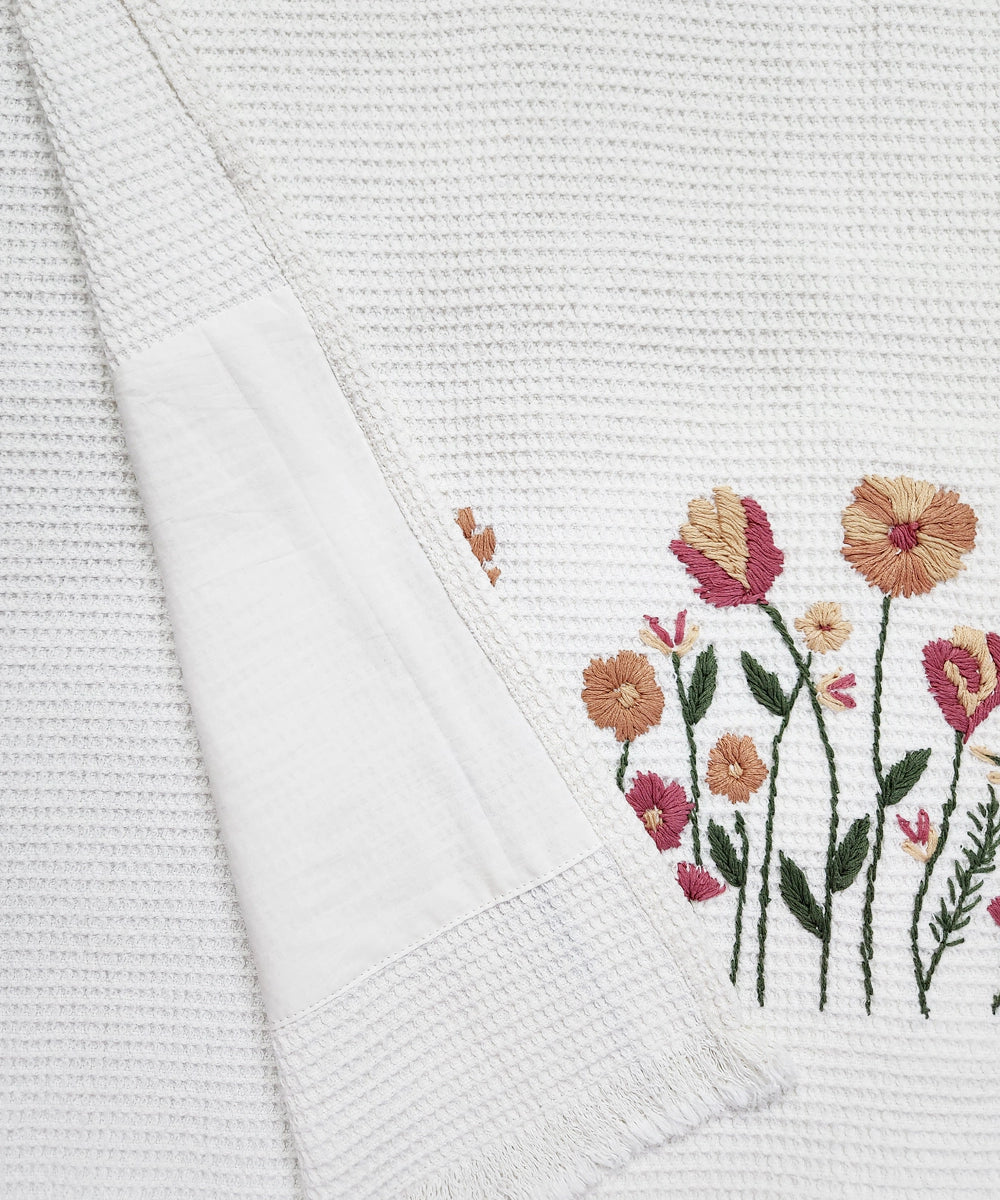 Embroidered Bath Towel | Soft Cotton Waffle | White