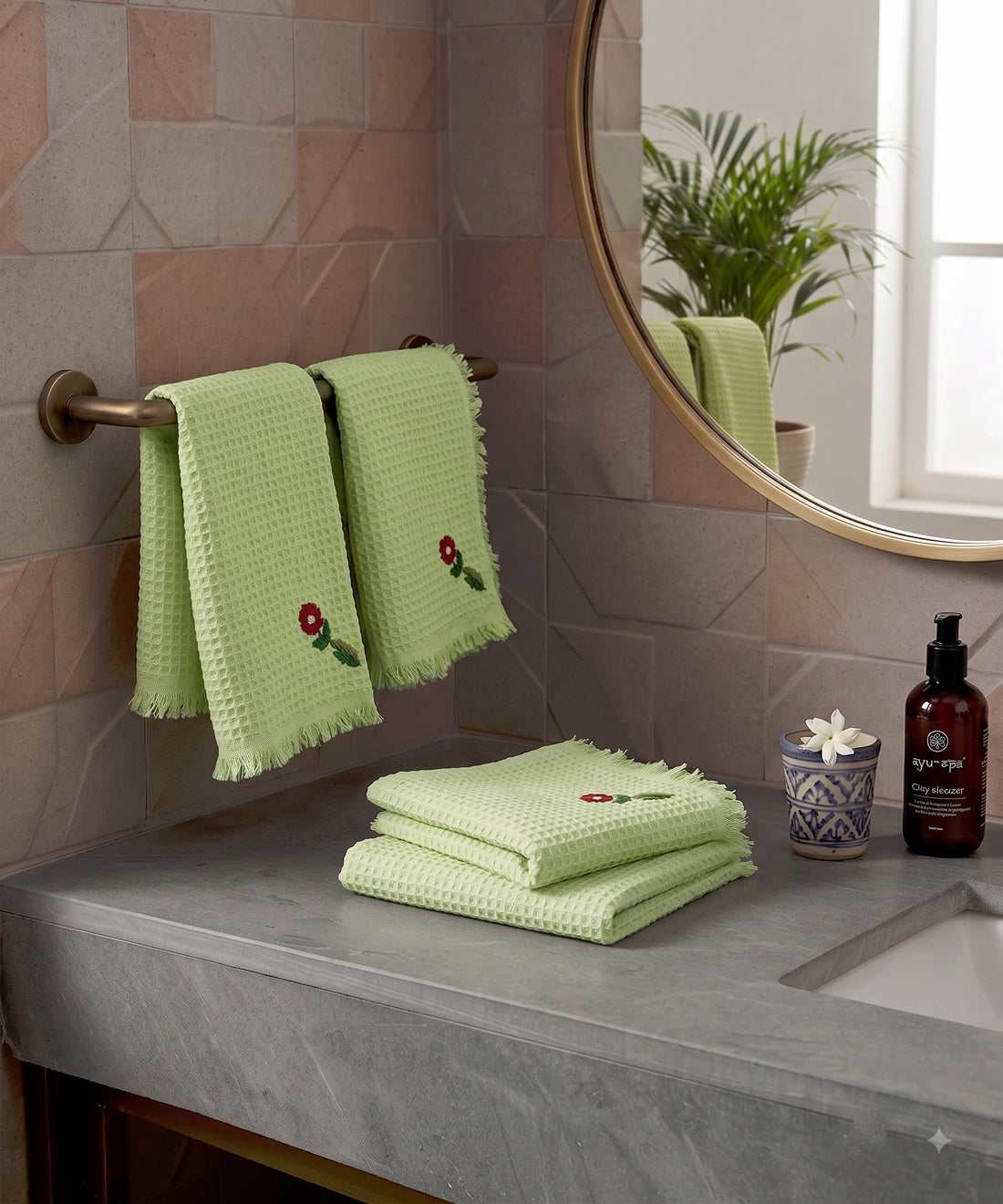 Embroidered Face Towel - Set of 4 pcs in Soft Cotton Waffle | Sage Green